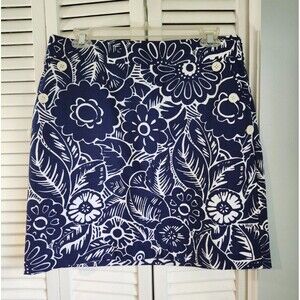 Talbots 8 P Navy White Floral Skirt Cotton Stretch Nautical Mod Preppy NWOT